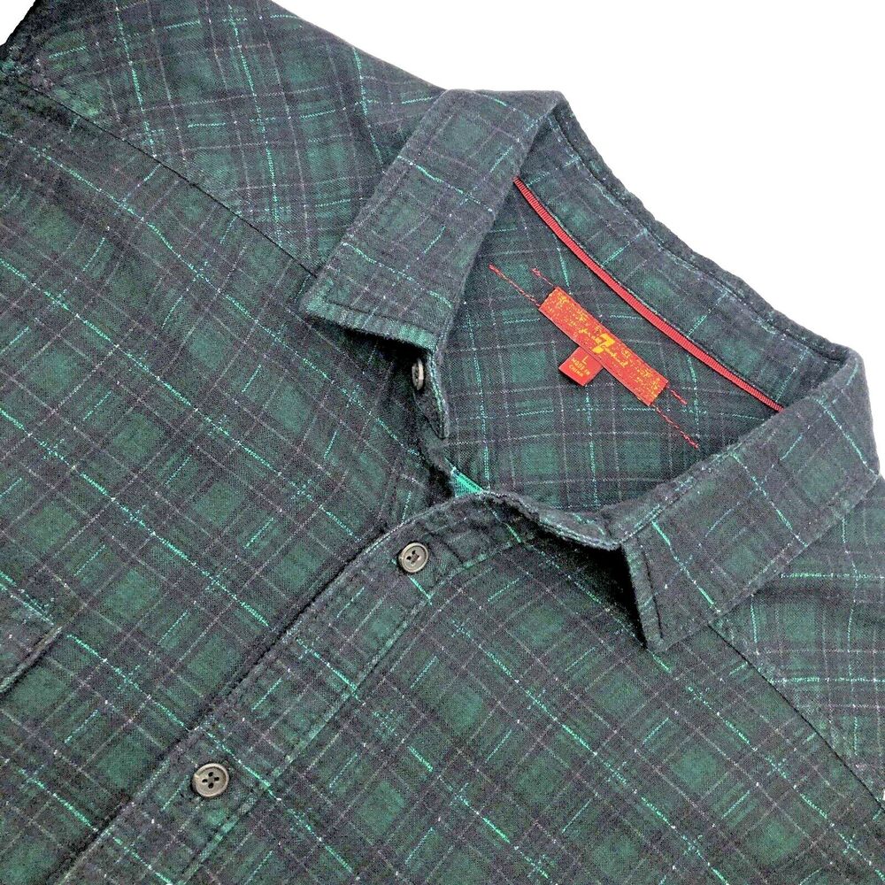 7 For All Mankind Flannel Shirt Mens Size Large Navy Blue Green Plaid Button Up